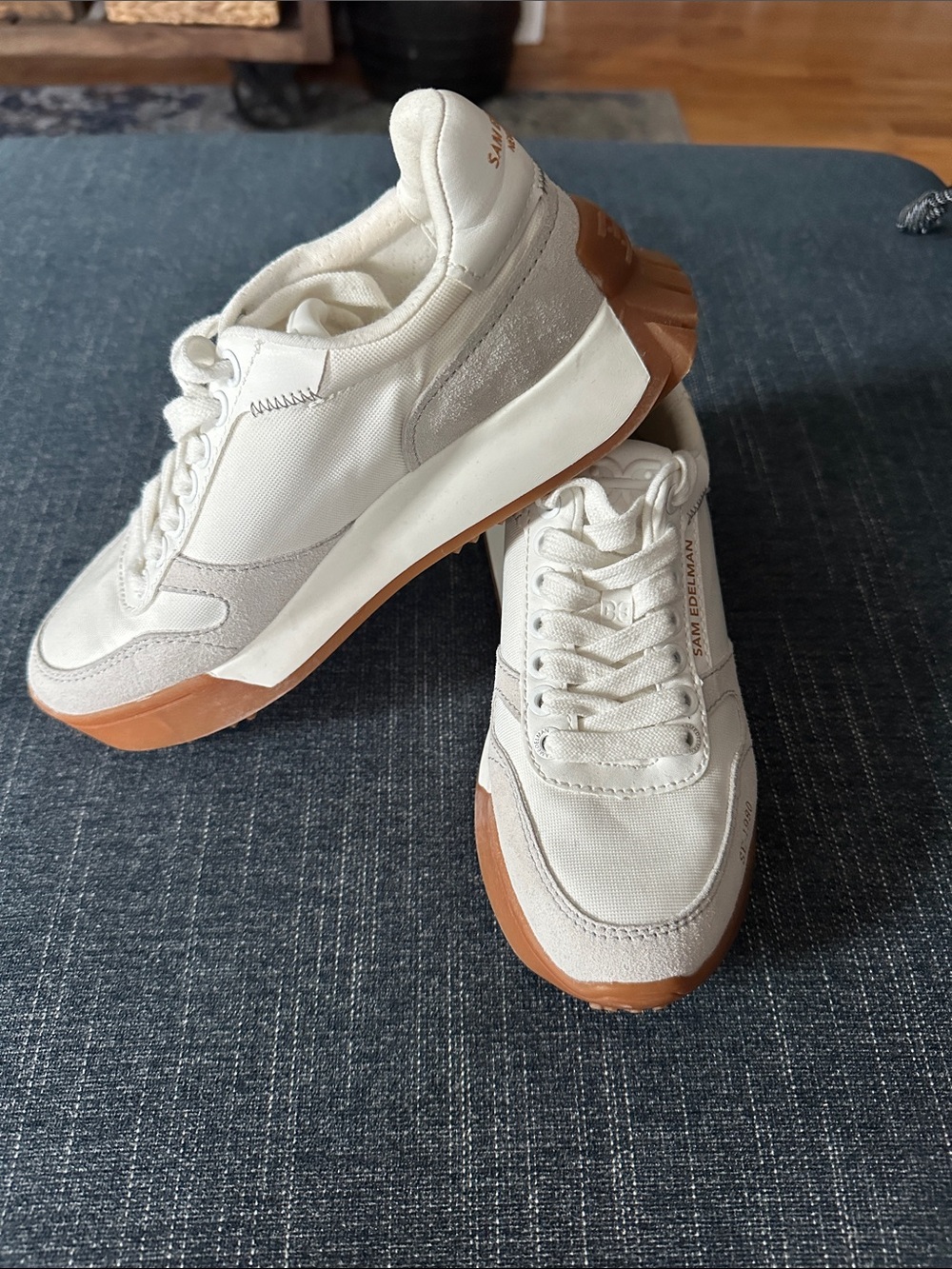 Sam Edelman Cream and Brown Platform-Trim Sneakers